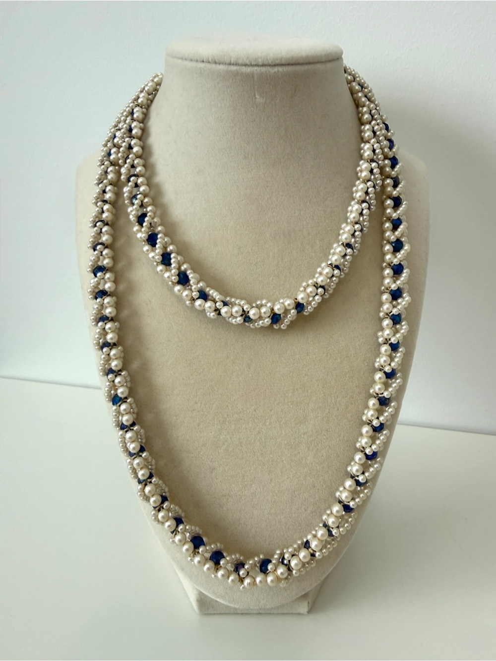 Elegant Pearl and Navy Bead Braided Necklace - Women Jewelry